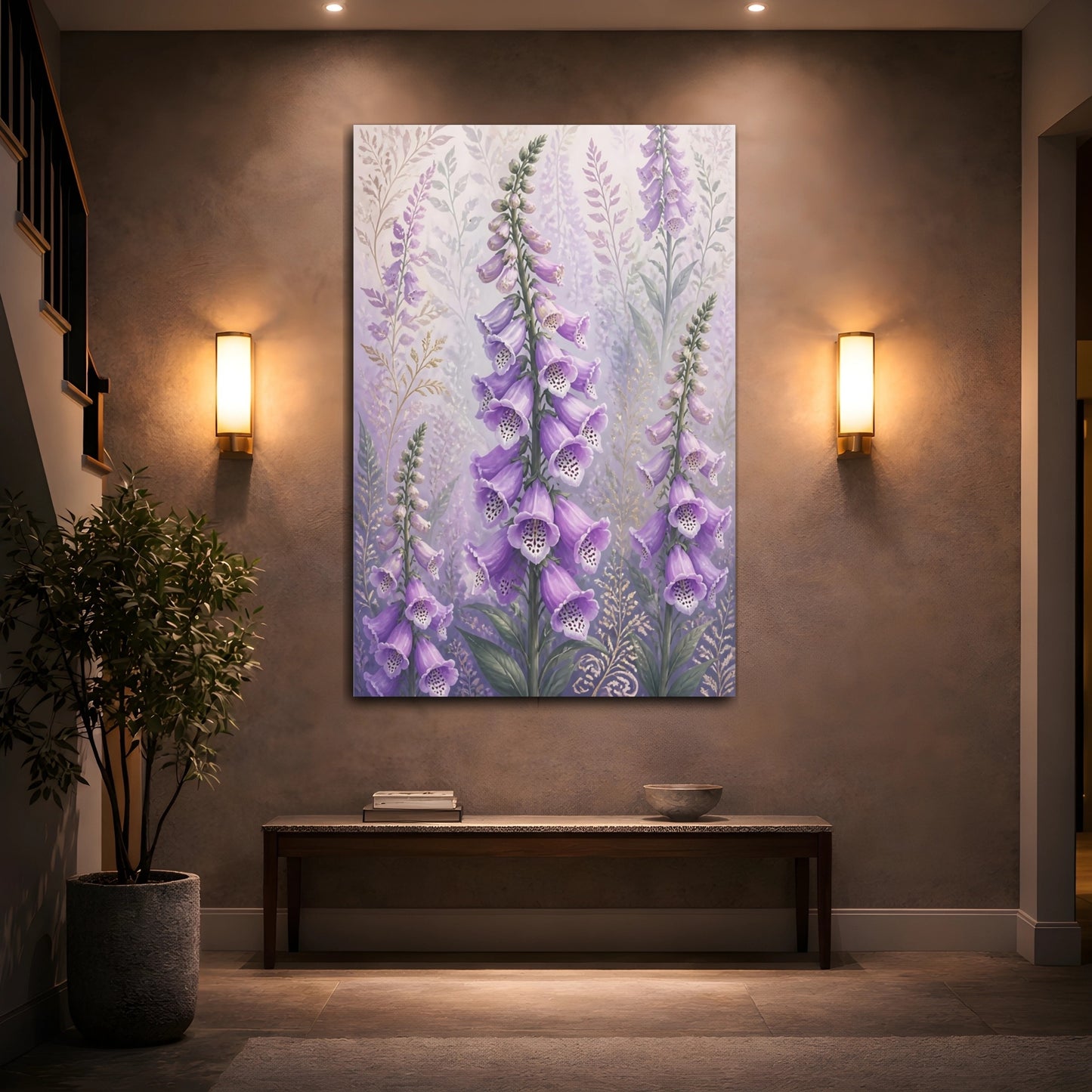 Mockup 2. Lavender Foxglove Flowers shown as canvas print