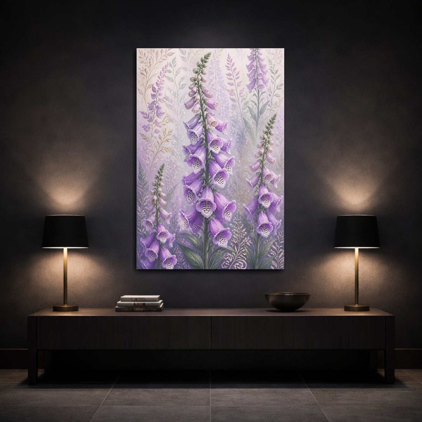 Mockup 3. Lavender Foxglove Flowers shown as canvas print