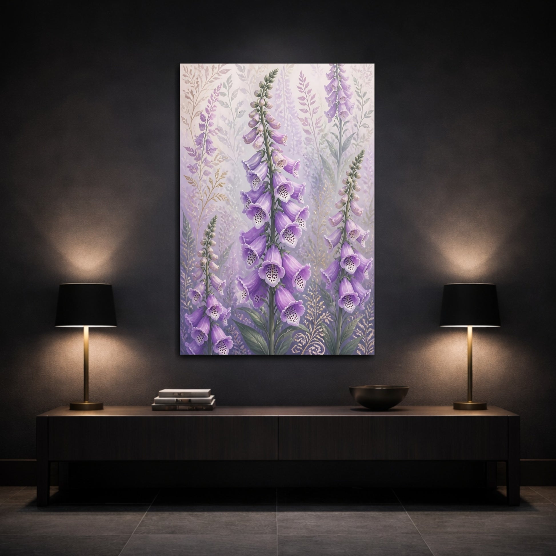 Mockup 3. Lavender Foxglove Flowers shown as canvas print