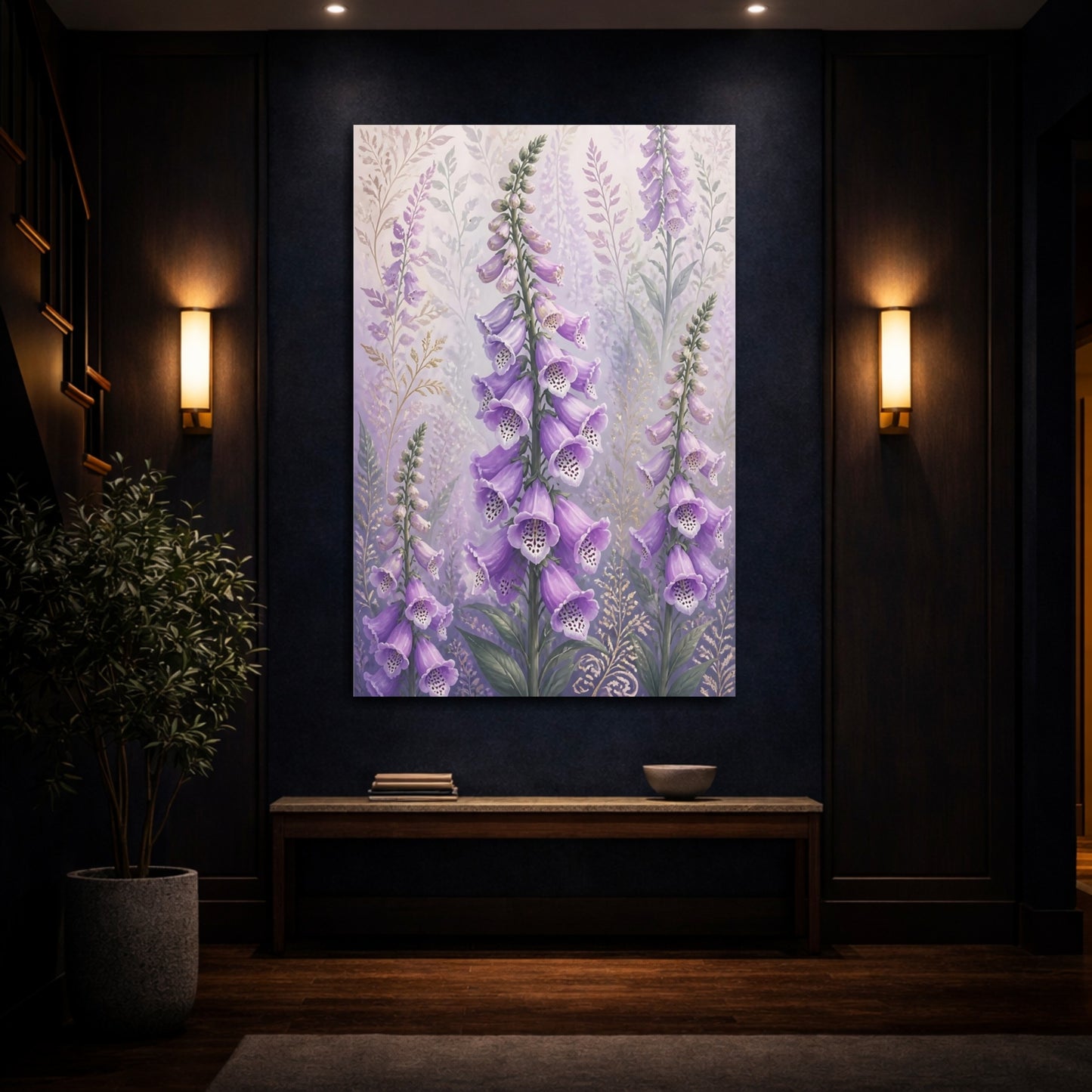 Mockup 4. Lavender Foxglove Flowers shown as canvas print