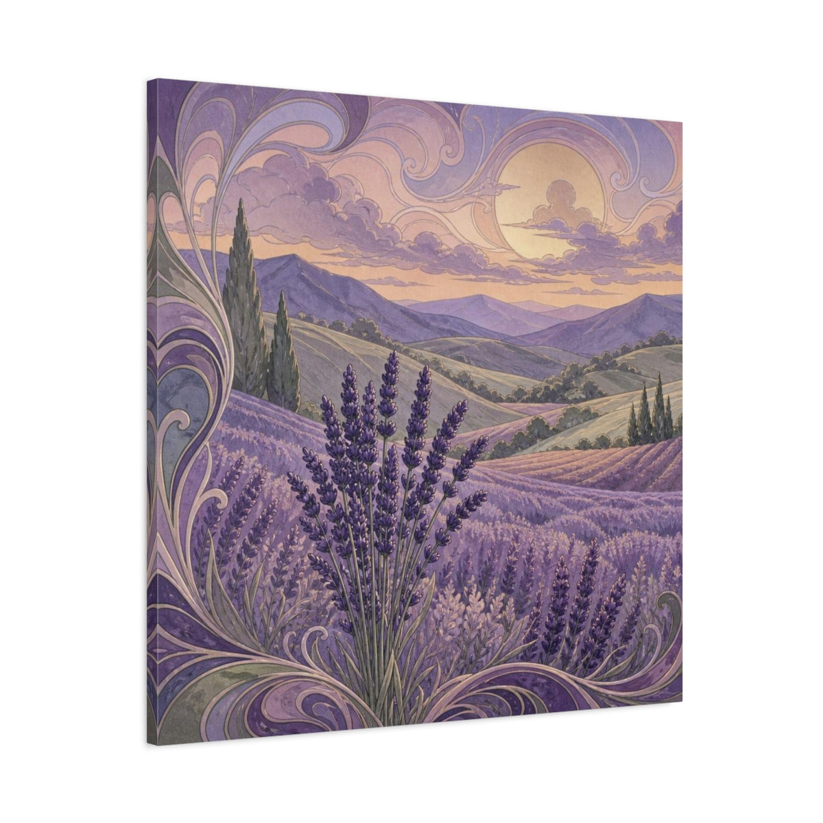 Main Mockup. Lavender Hills At Dusk shown as canvas print