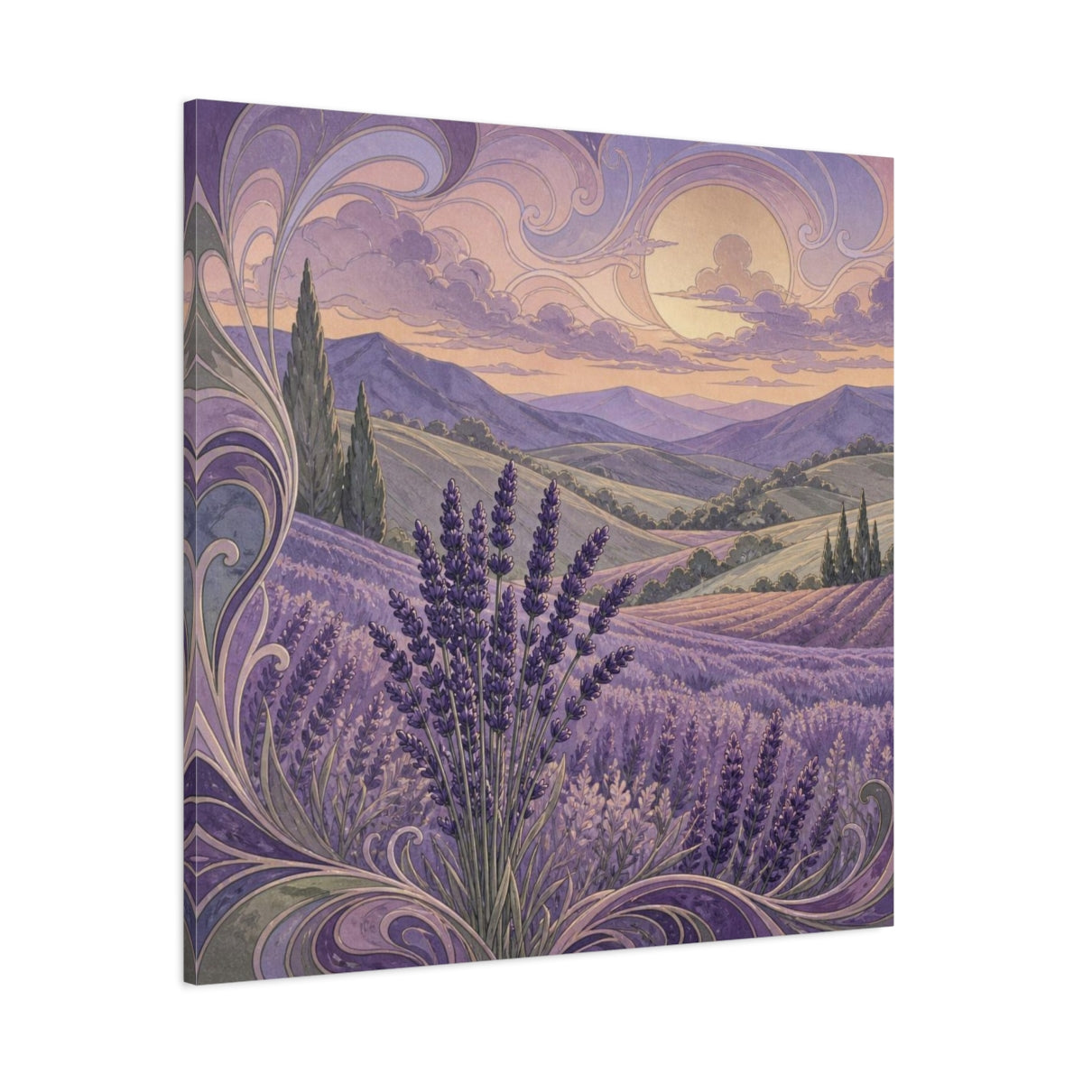 Side Mockup 1. Lavender Hills At Dusk shown as canvas print