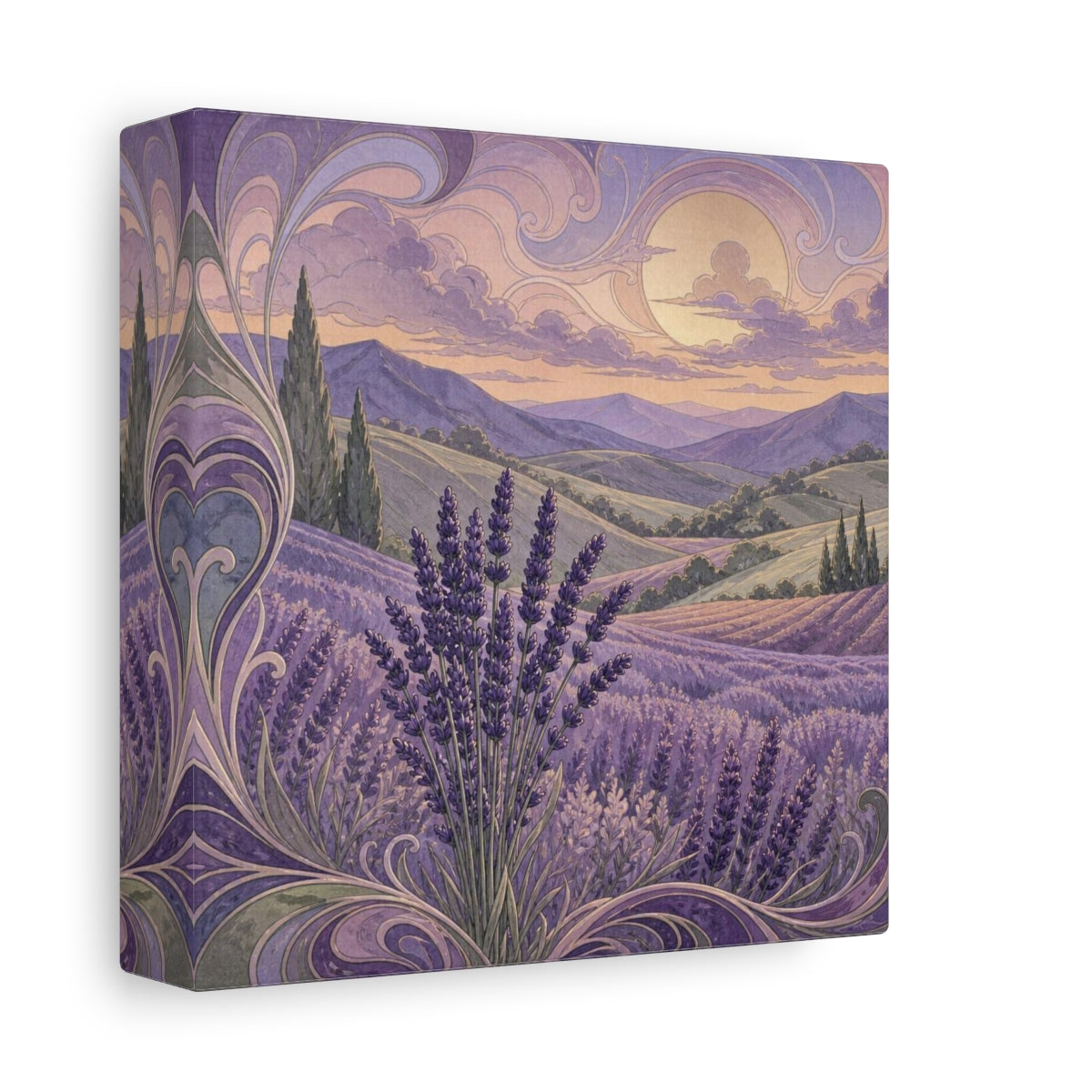 Side Mockup 2. Lavender Hills At Dusk shown as canvas print