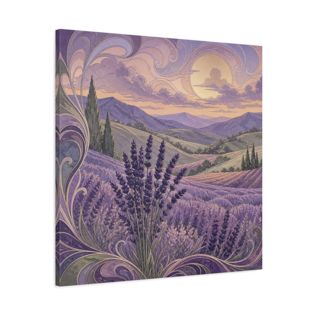 Side Mockup 3. Lavender Hills At Dusk shown as canvas print