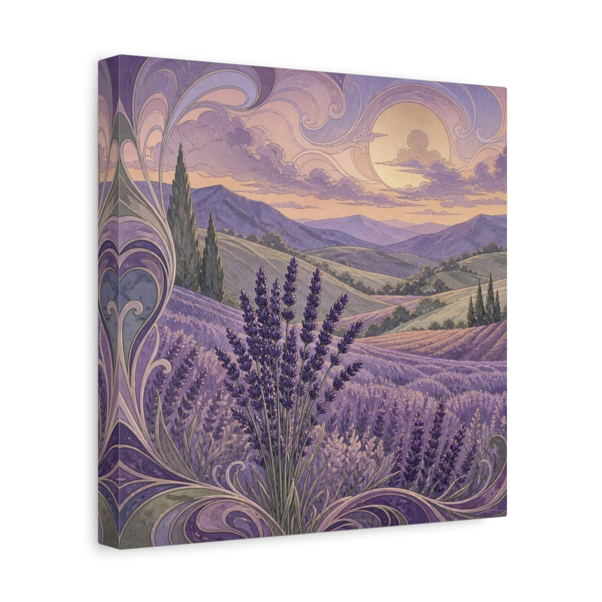 Side Mockup 8. Lavender Hills At Dusk shown as canvas print