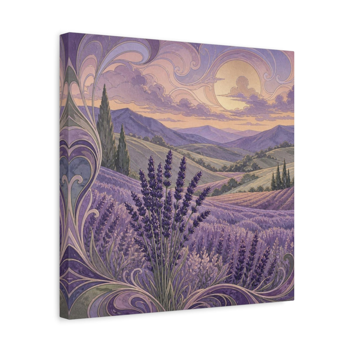 Side Mockup 6. Lavender Hills At Dusk shown as canvas print