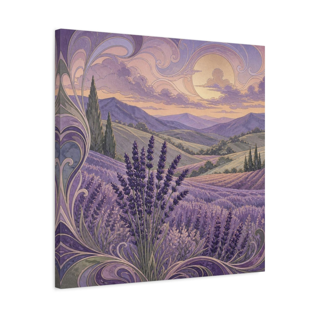 Side Mockup 4. Lavender Hills At Dusk shown as canvas print