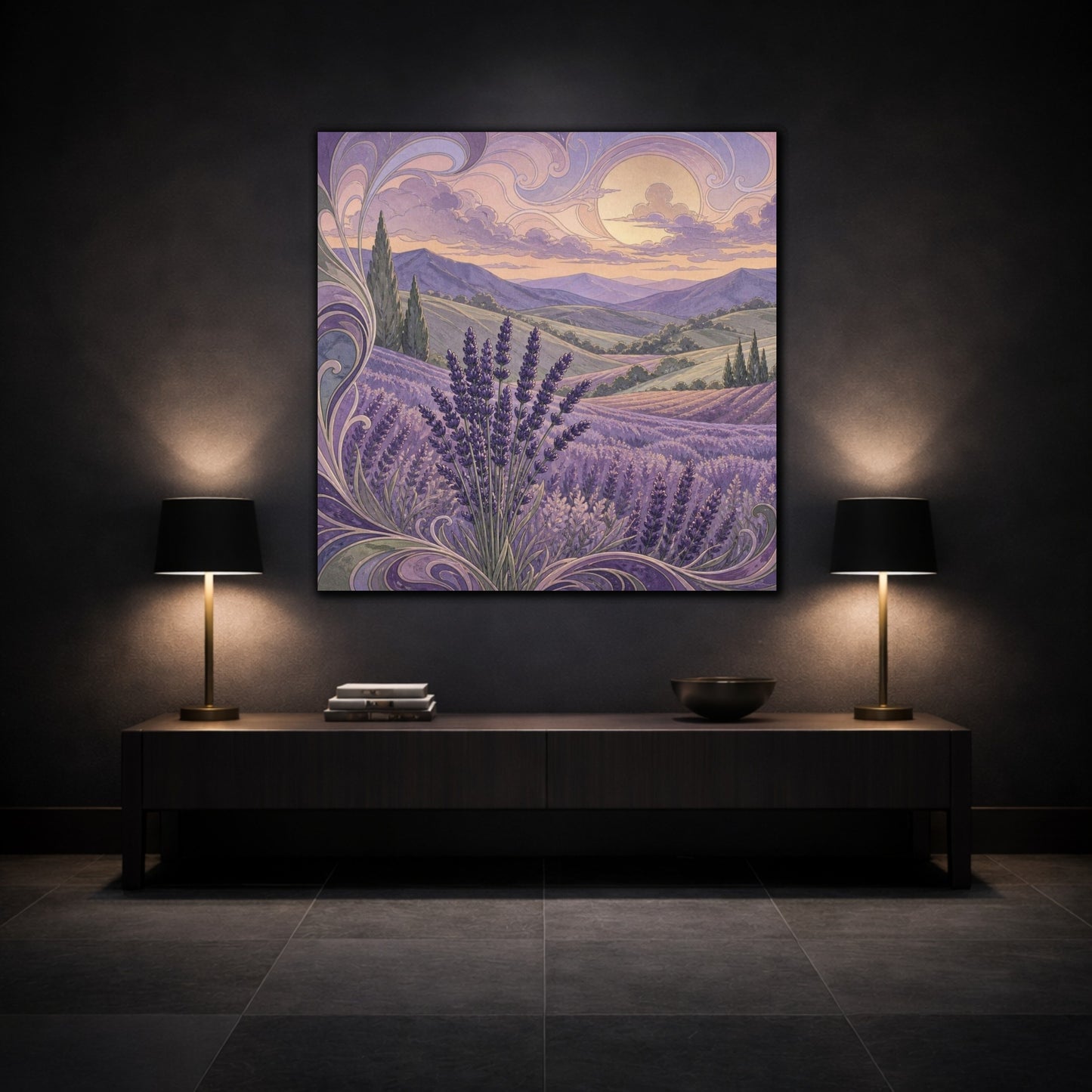 Mockup 3. Lavender Hills At Dusk shown as canvas print