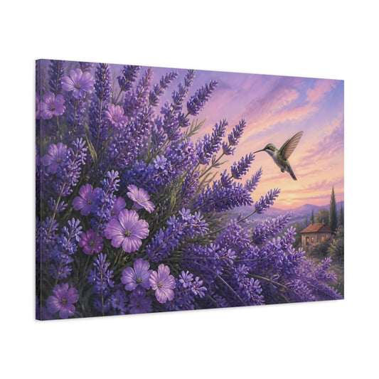 Main Mockup. Lavender Hummingbird Floral shown as canvas print
