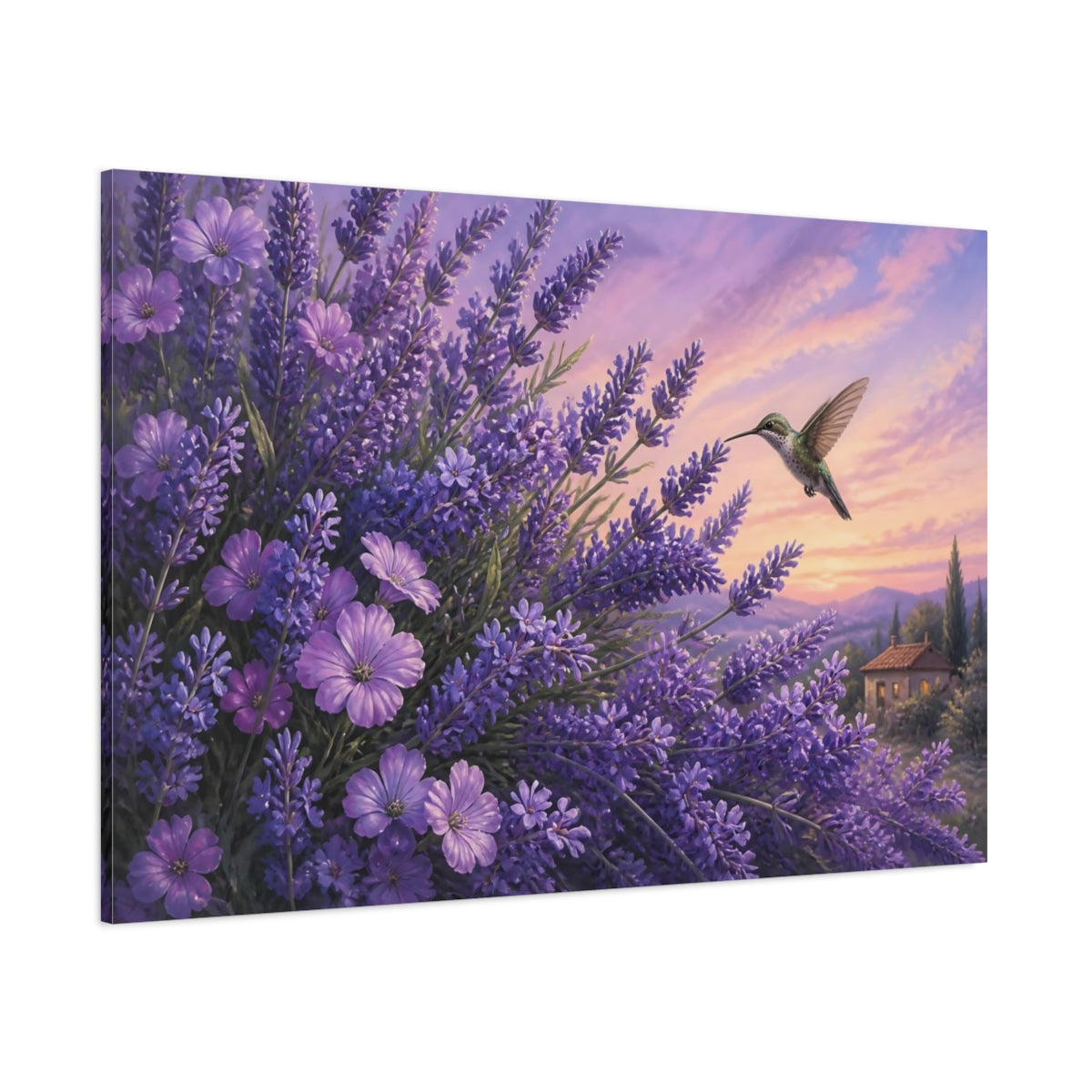 Side Mockup 1. Lavender Hummingbird Floral shown as canvas print