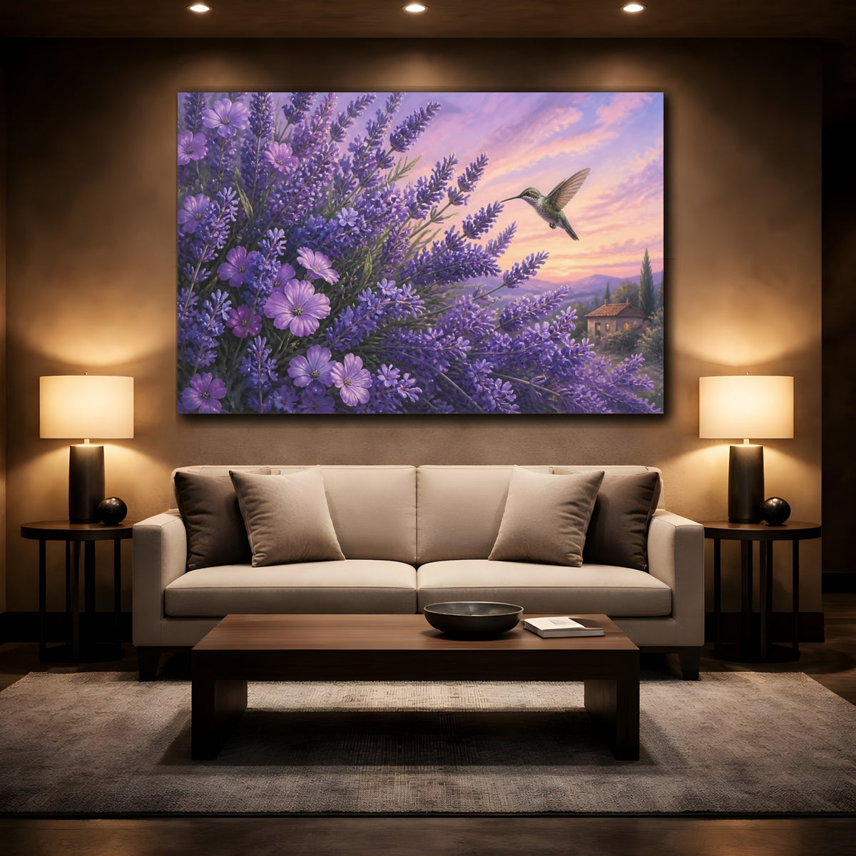 Mockup 2. Lavender Hummingbird Floral shown as canvas print