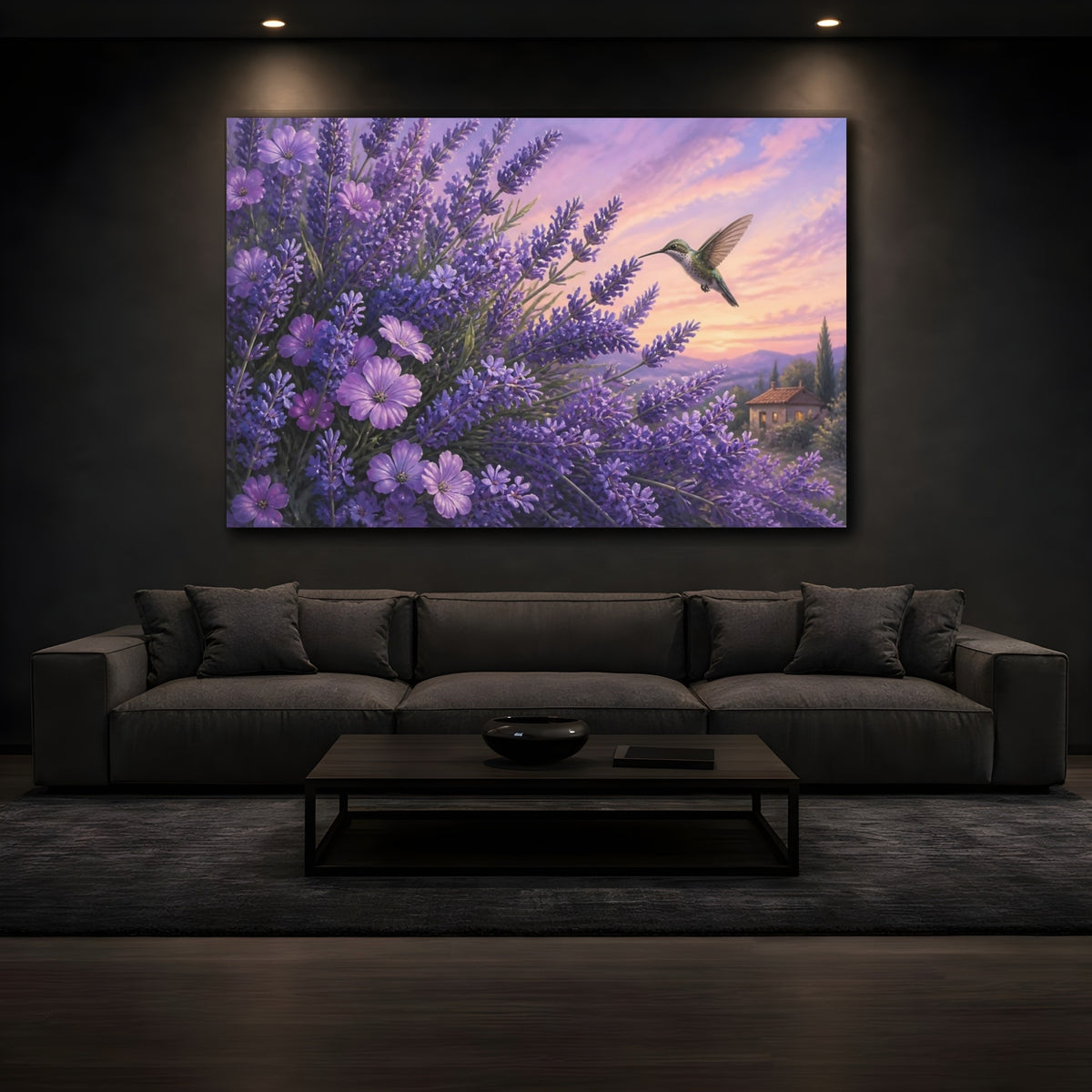 Mockup 3. Lavender Hummingbird Floral shown as canvas print