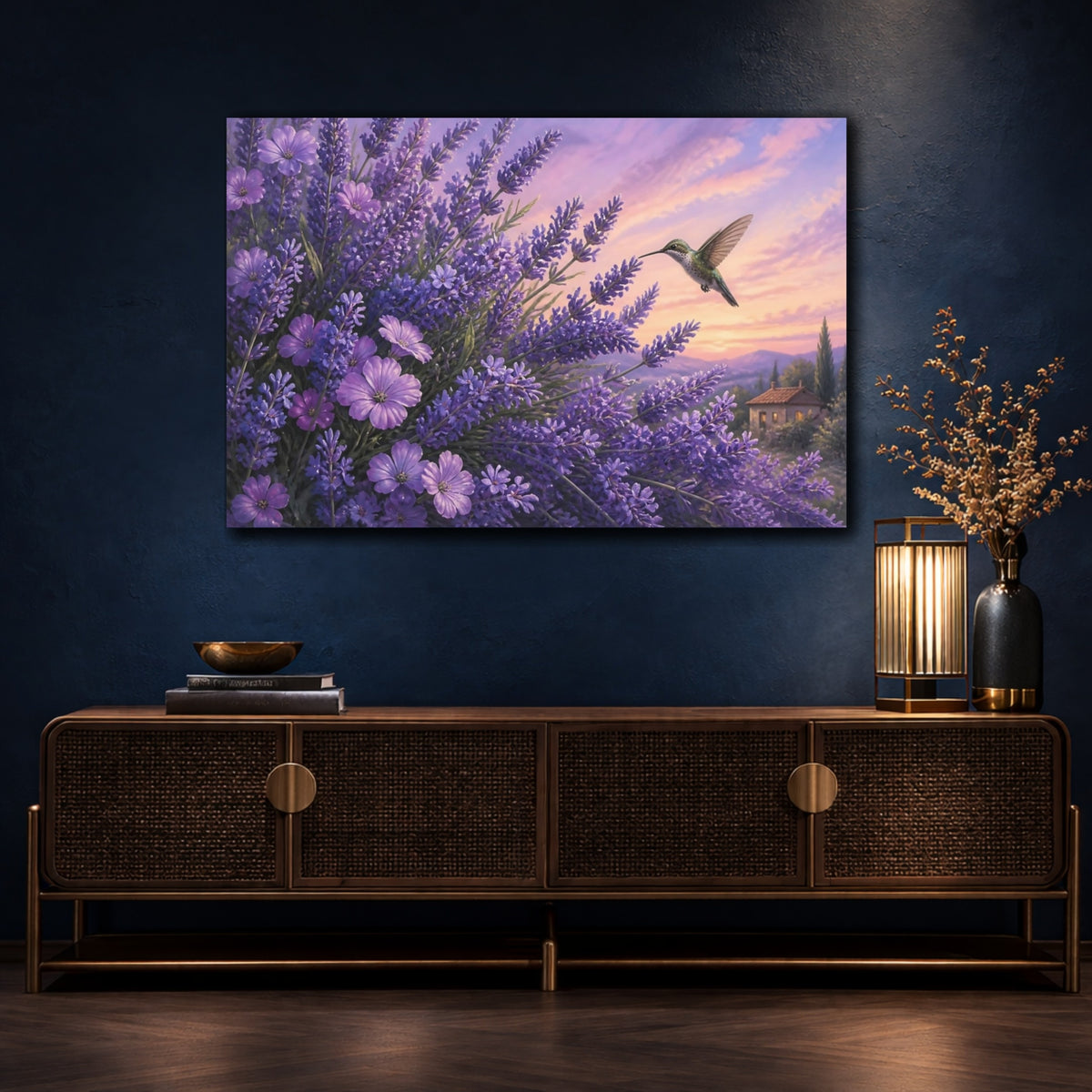 Mockup 4. Lavender Hummingbird Floral shown as canvas print