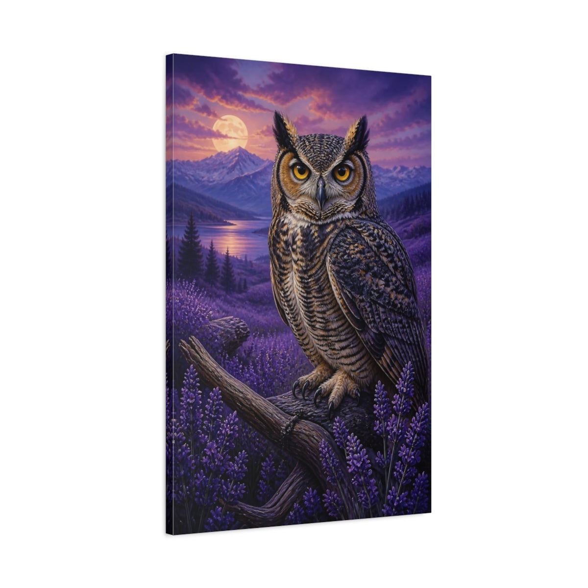 Main Mockup. Lavender Owl Animals shown as canvas print