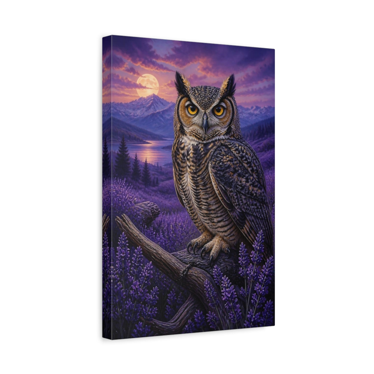 Side Mockup 4. Lavender Owl Animals shown as canvas print