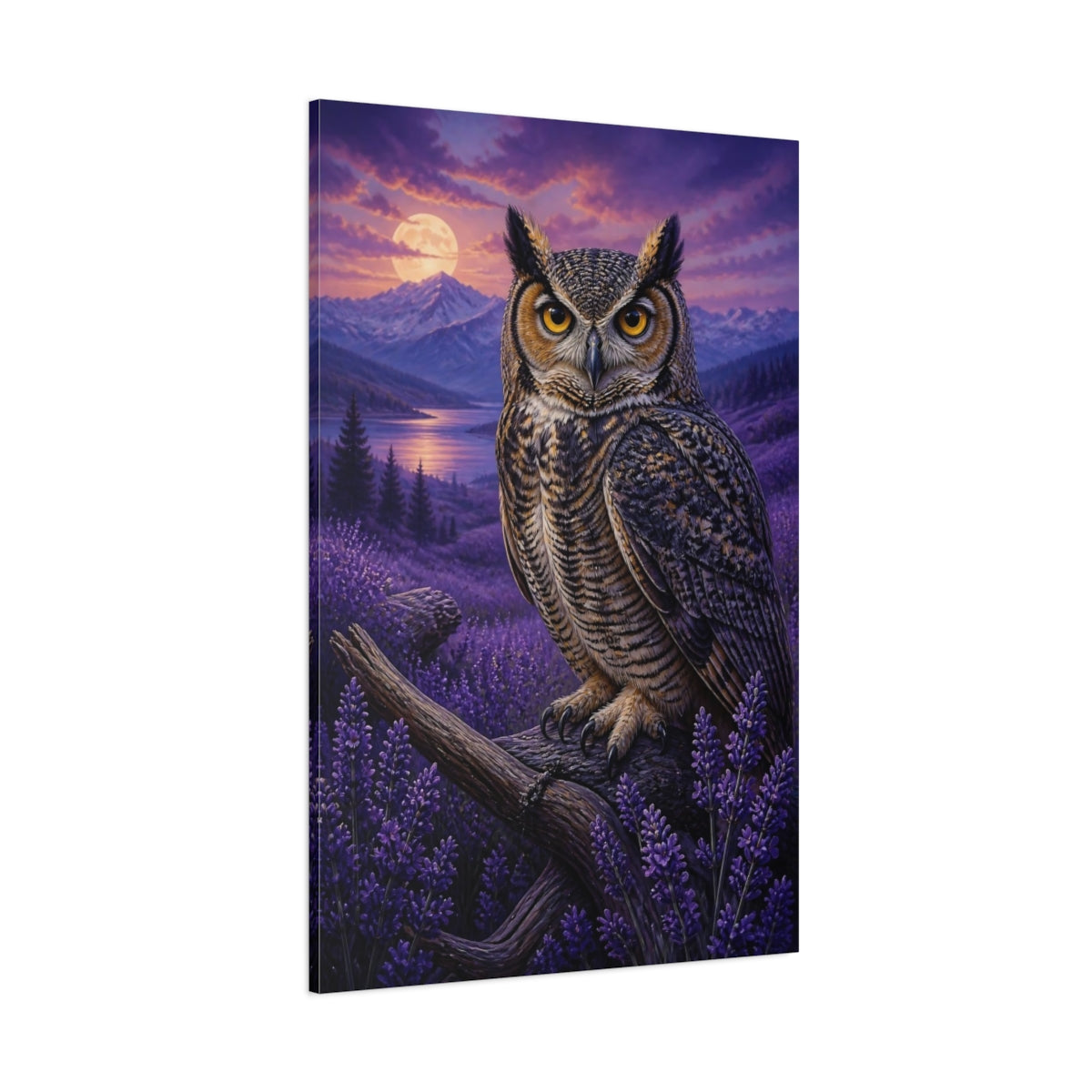 Side Mockup 1. Lavender Owl Animals shown as canvas print