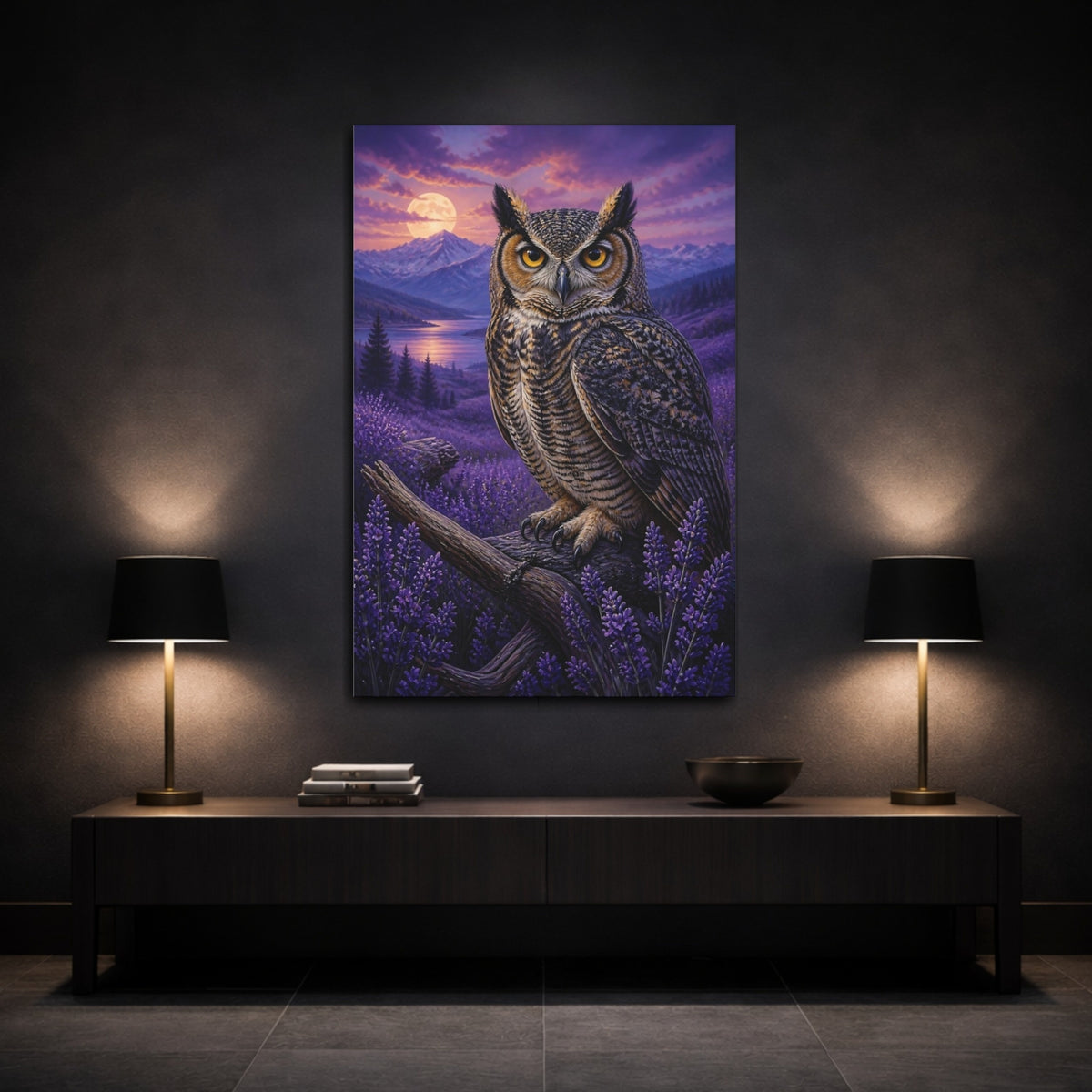 Mockup 3. Lavender Owl Animals shown as canvas print