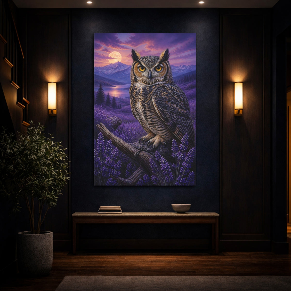 Mockup 4. Lavender Owl Animals shown as canvas print