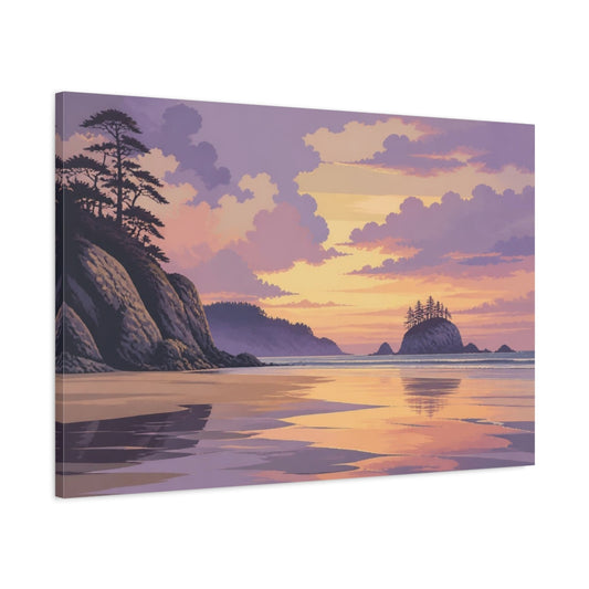 Main Mockup. Lavender Shoreline At Dusk shown as canvas print