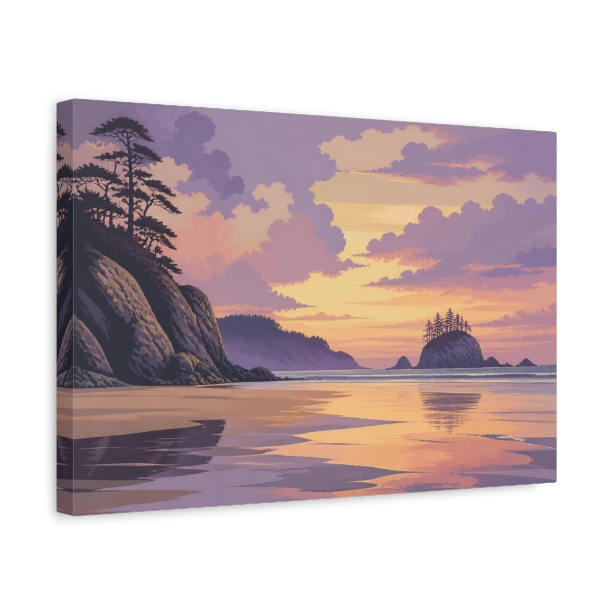 Side Mockup 4. Lavender Shoreline At Dusk shown as canvas print