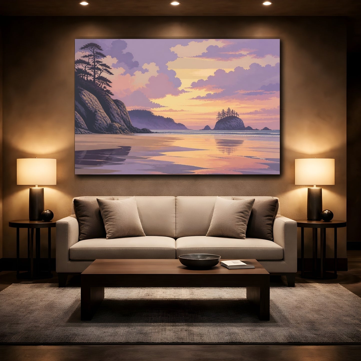 Mockup 2. Lavender Shoreline At Dusk shown as canvas print