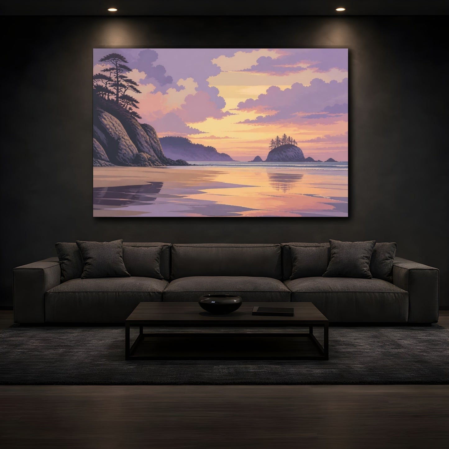 Mockup 3. Lavender Shoreline At Dusk shown as canvas print