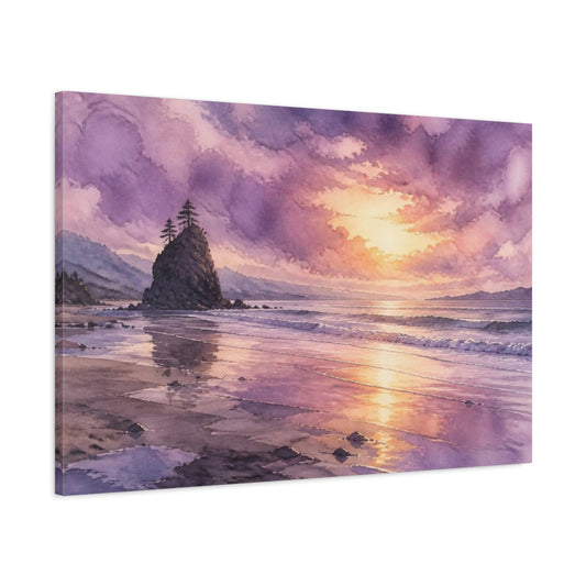 Main Mockup. Lavender Shoreline Sunset shown as canvas print