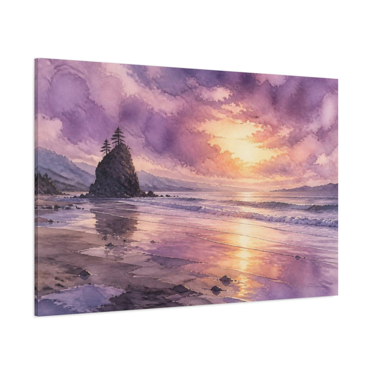 Side Mockup 1. Lavender Shoreline Sunset shown as canvas print