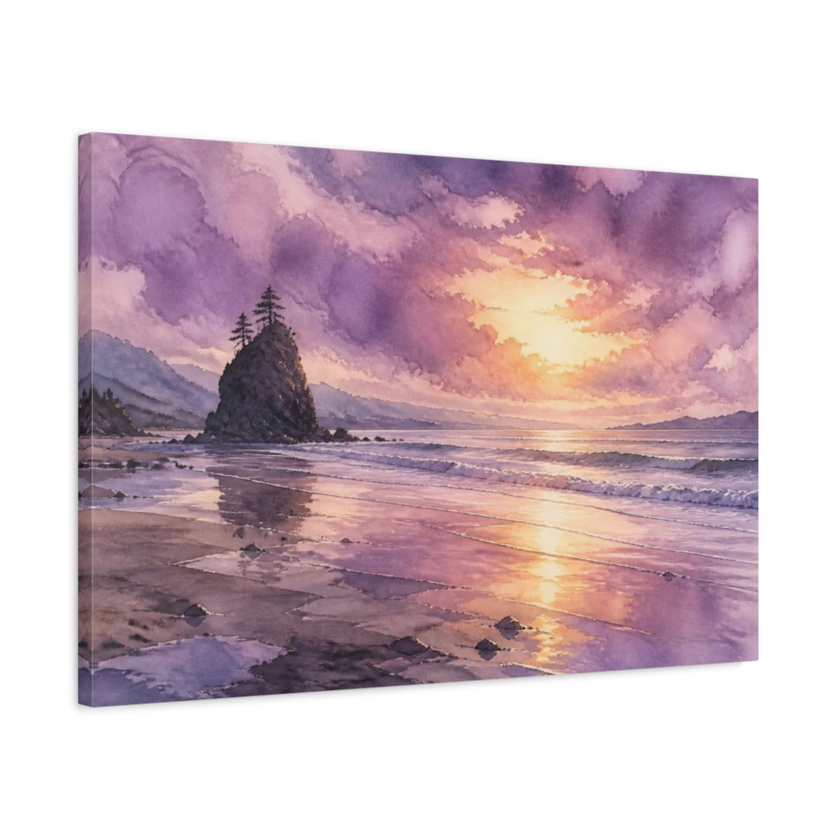 Side Mockup 2. Lavender Shoreline Sunset shown as canvas print