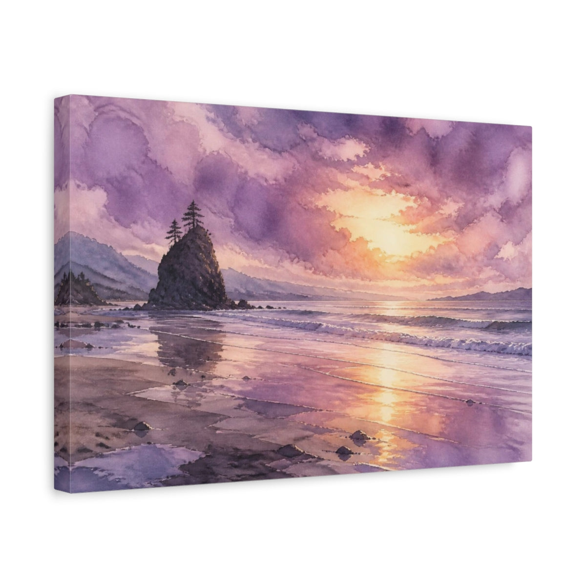 Side Mockup 4. Lavender Shoreline Sunset shown as canvas print