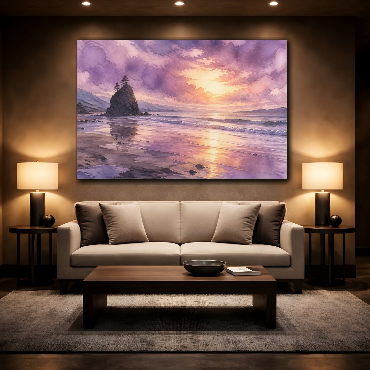 Mockup 2. Lavender Shoreline Sunset shown as canvas print