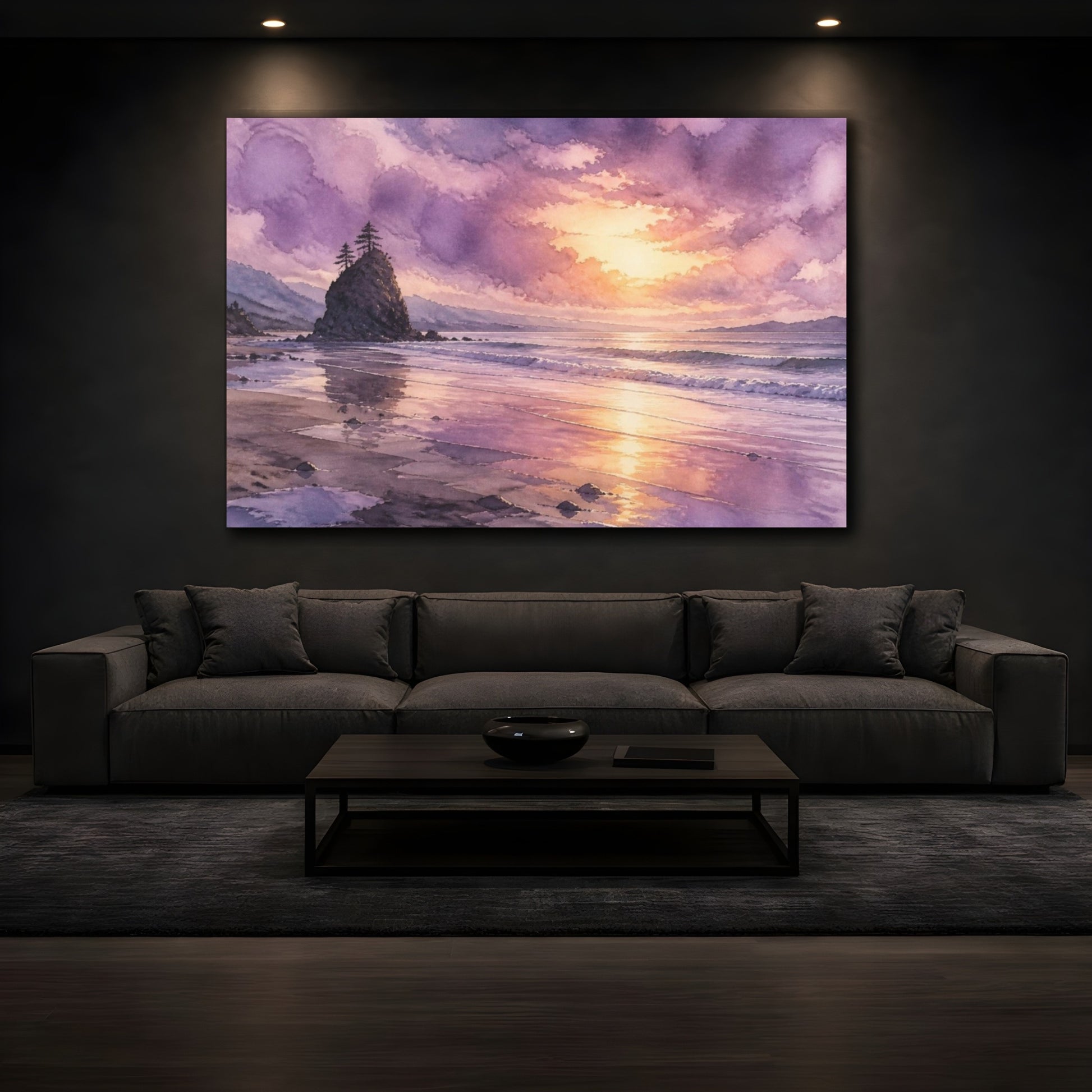 Mockup 3. Lavender Shoreline Sunset shown as canvas print