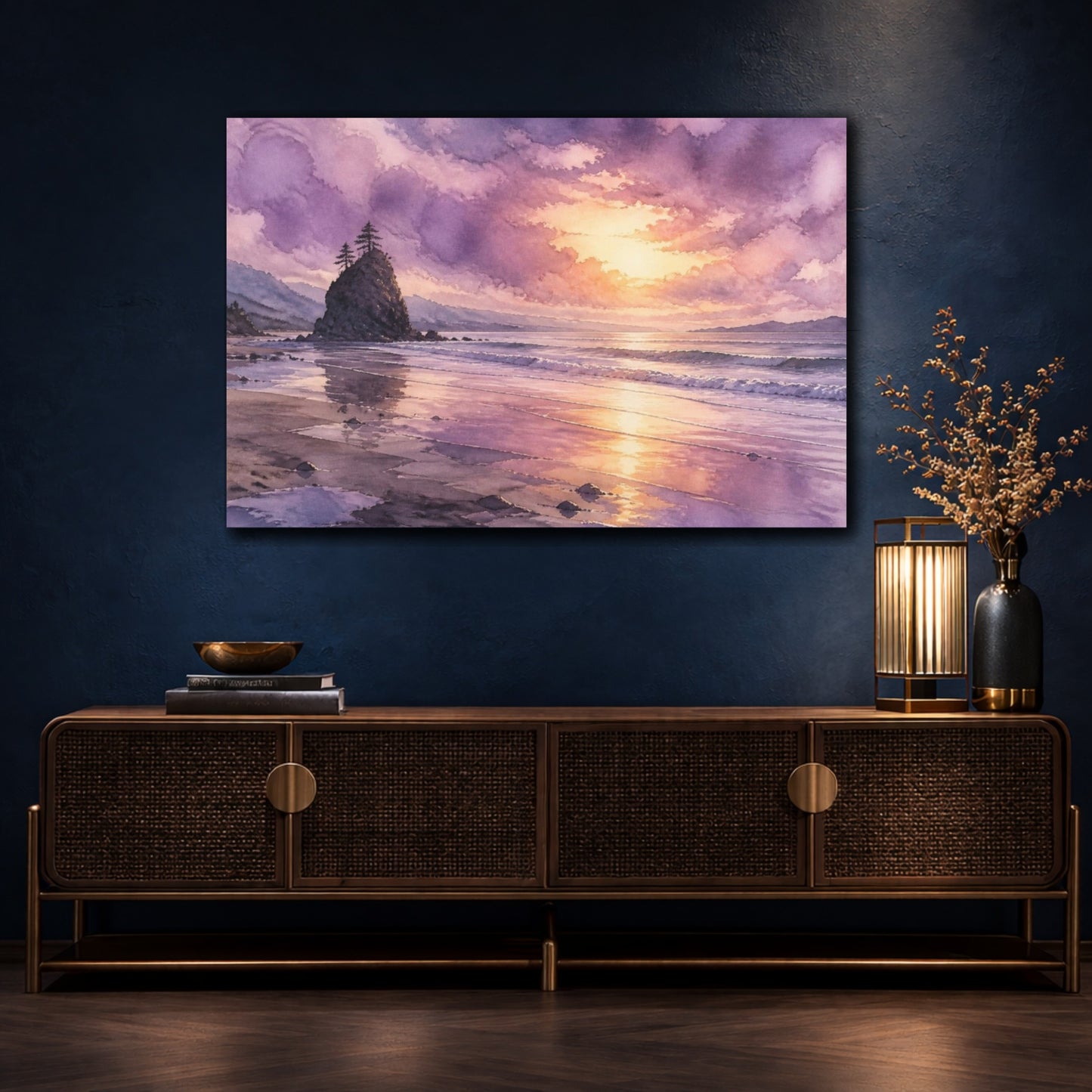 Mockup 4. Lavender Shoreline Sunset shown as canvas print