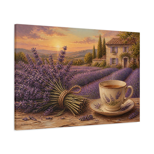 Main Mockup. Lavender Tea At Sunset shown as canvas print