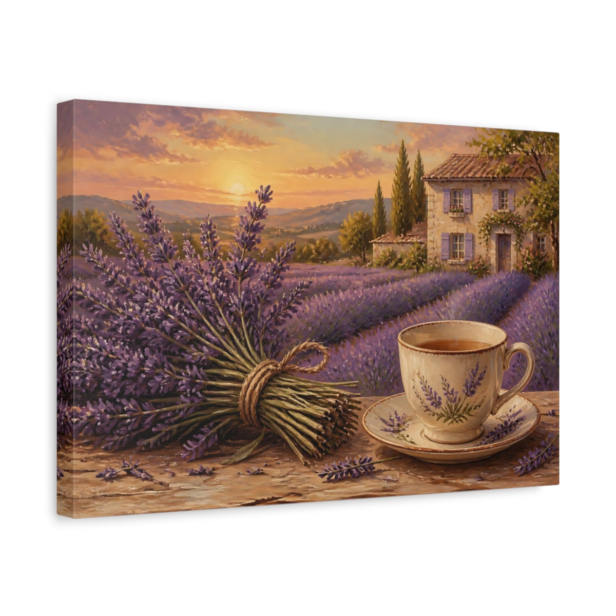 Side Mockup 4. Lavender Tea At Sunset shown as canvas print