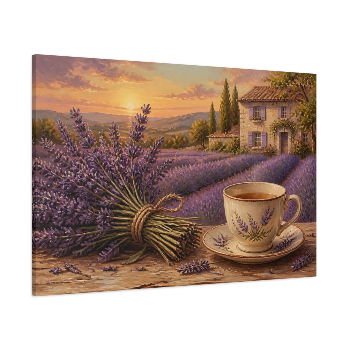 Side Mockup 1. Lavender Tea At Sunset shown as canvas print