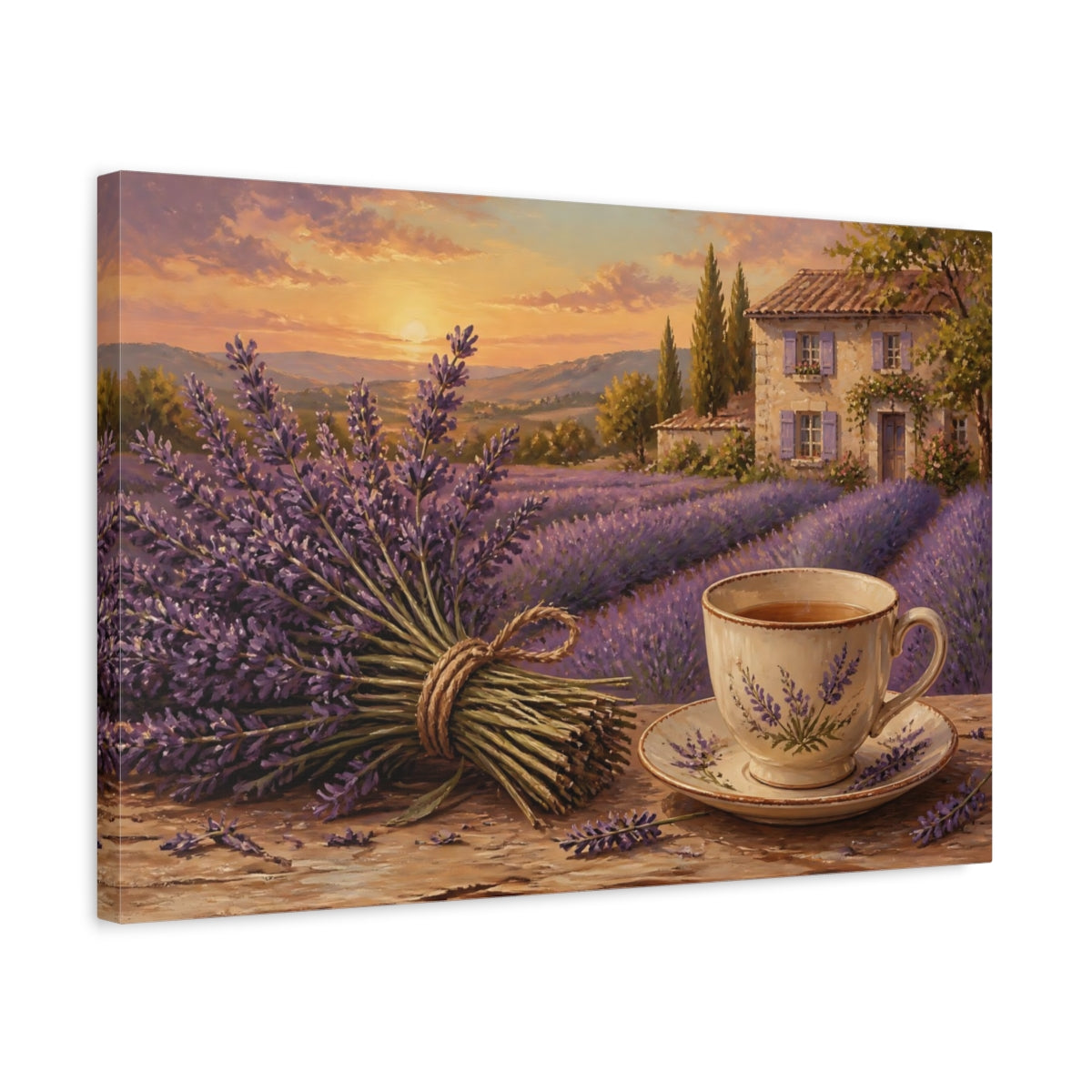 Side Mockup 3. Lavender Tea At Sunset shown as canvas print