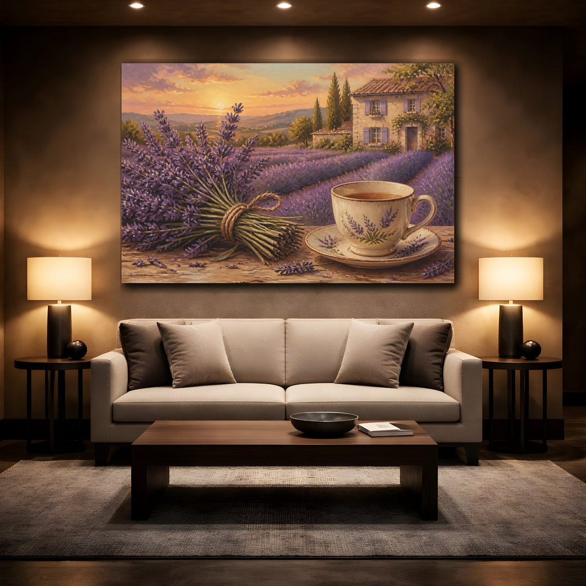 Mockup 2. Lavender Tea At Sunset shown as canvas print