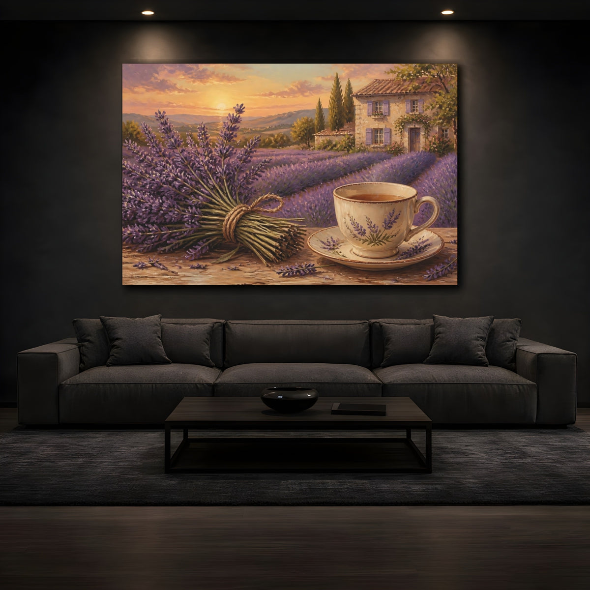 Mockup 3. Lavender Tea At Sunset shown as canvas print