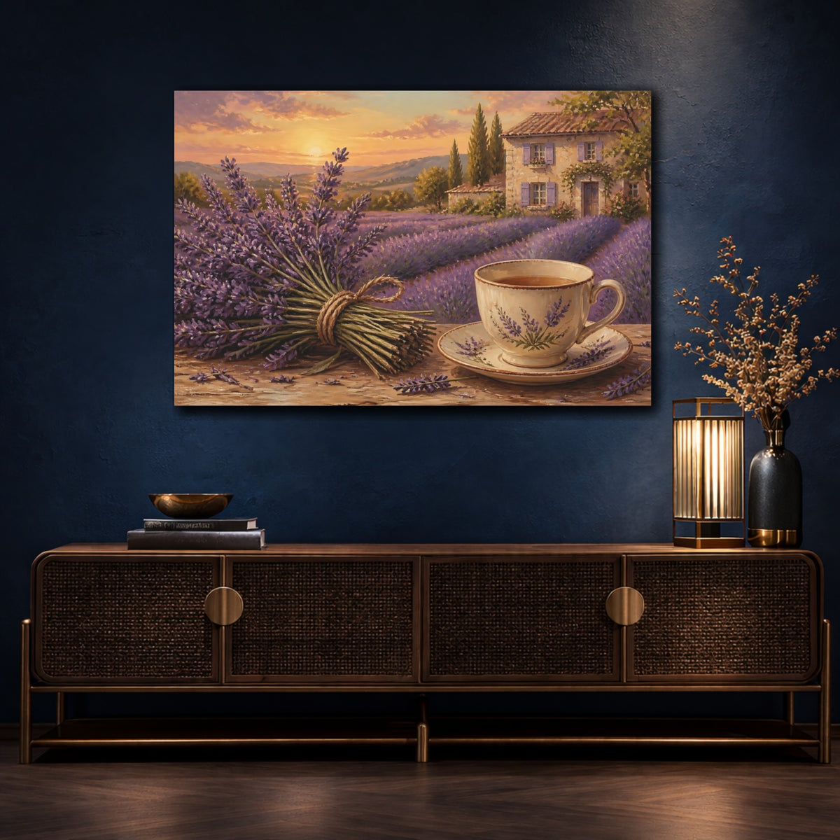 Mockup 4. Lavender Tea At Sunset shown as canvas print