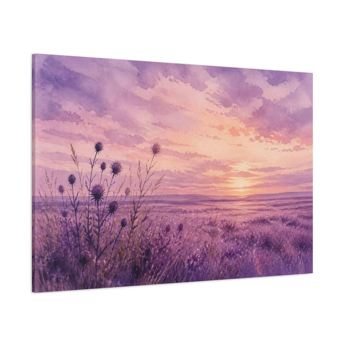 Side Mockup 1. Lavender Thistle Landscape shown as canvas print