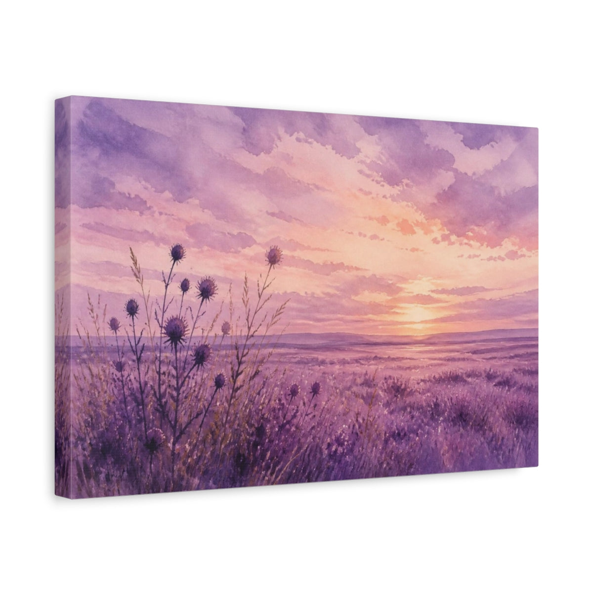 Side Mockup 4. Lavender Thistle Landscape shown as canvas print