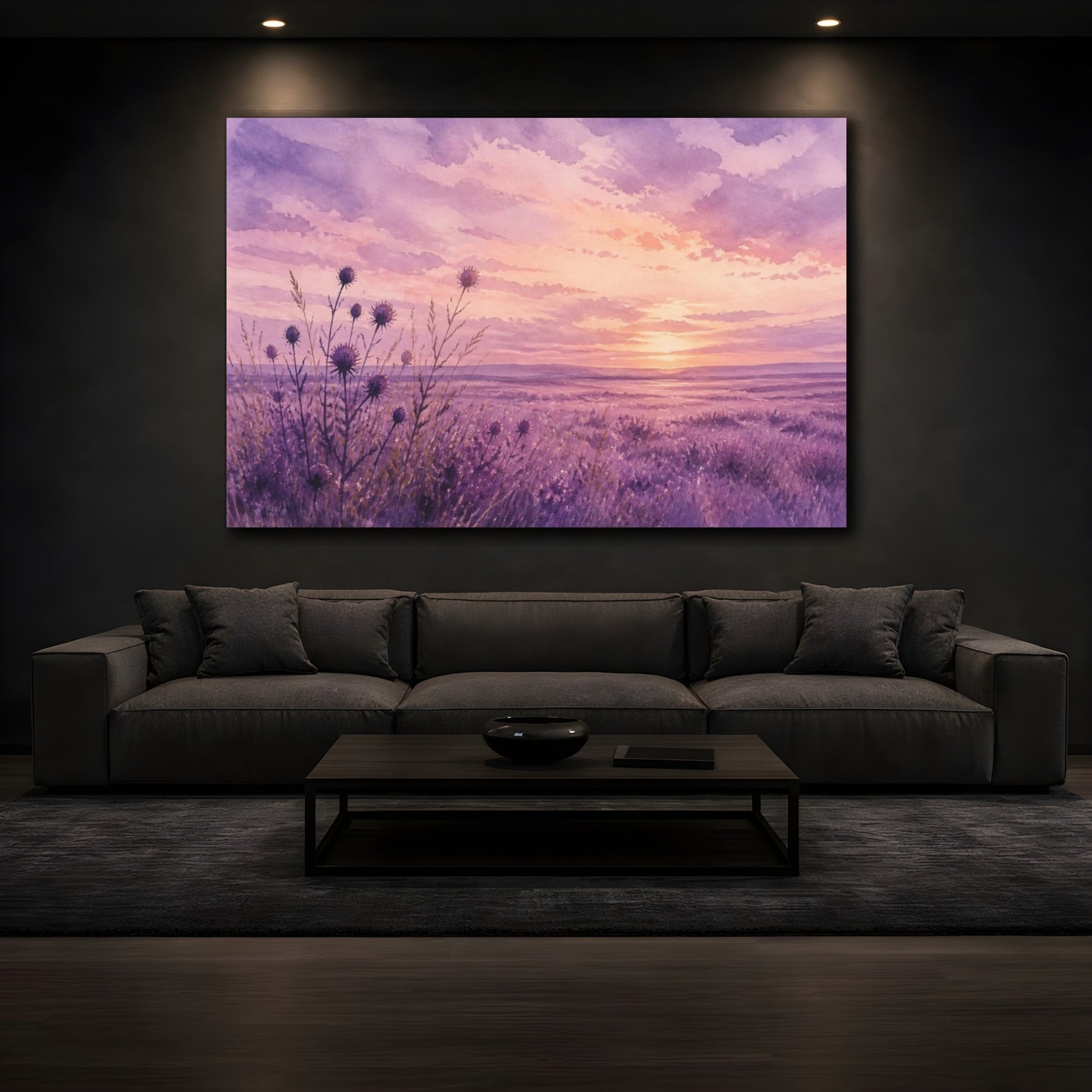 Mockup 3. Lavender Thistle Landscape shown as canvas print