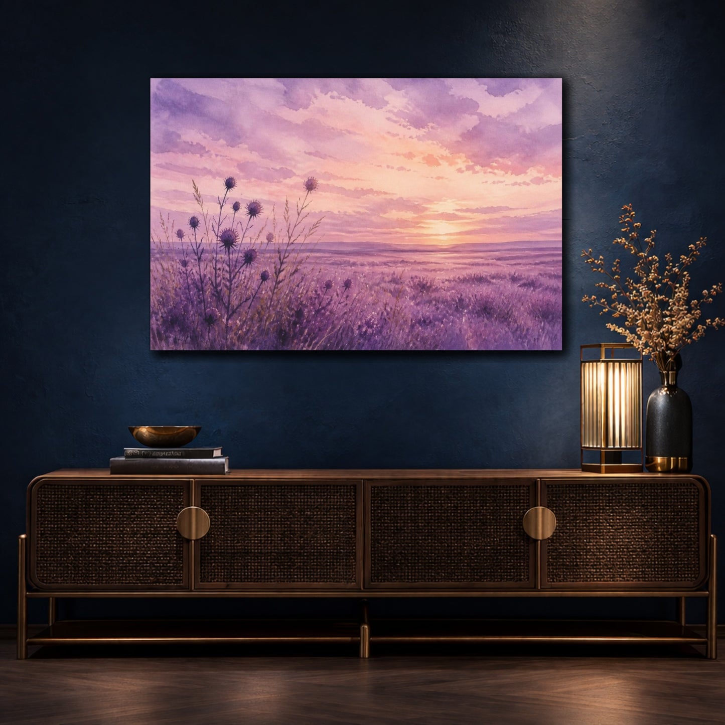 Mockup 4. Lavender Thistle Landscape shown as canvas print