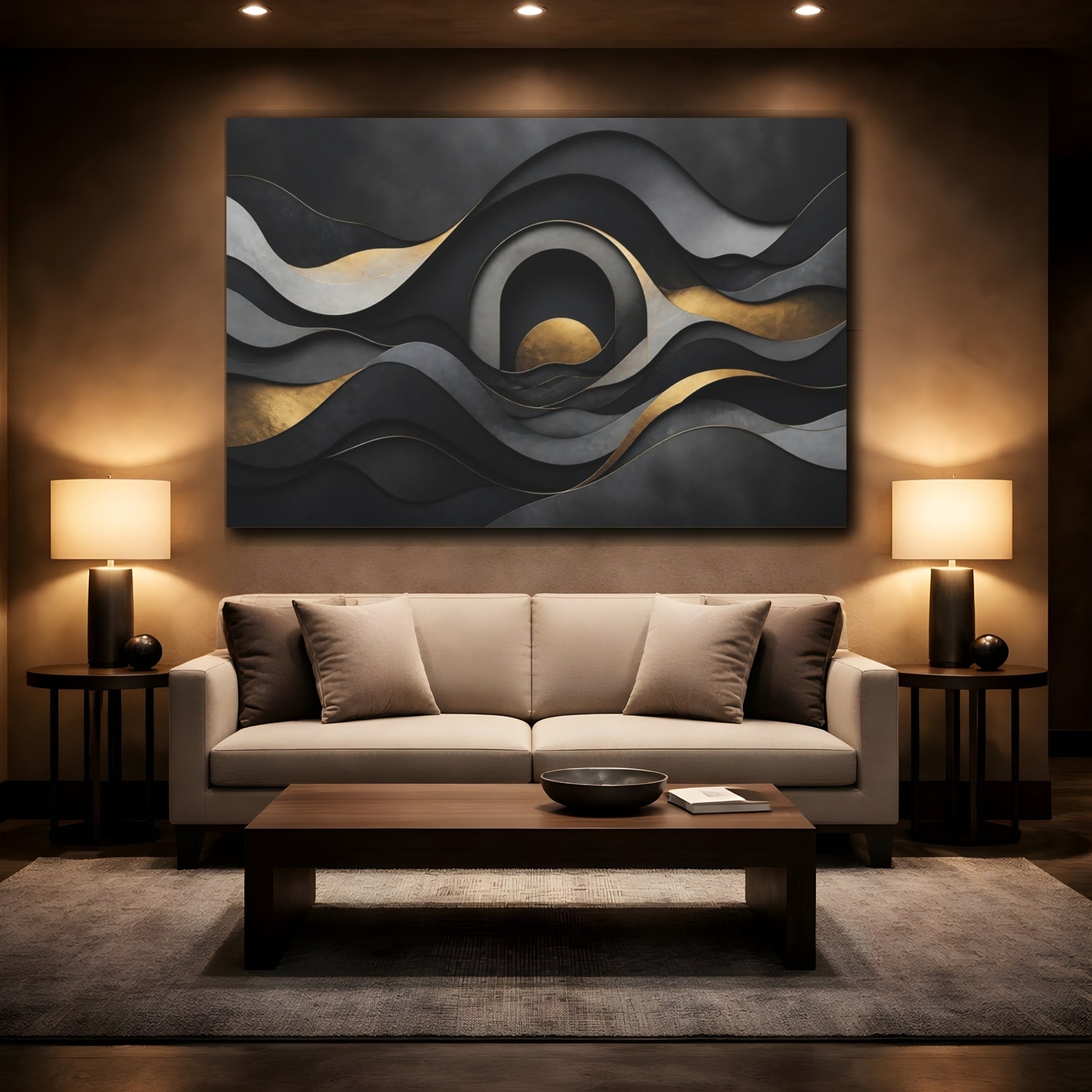 Mockup 2. Layered Gold Waves shown as canvas print