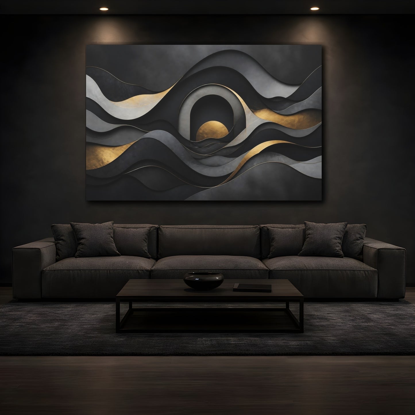 Mockup 3. Layered Gold Waves shown as canvas print