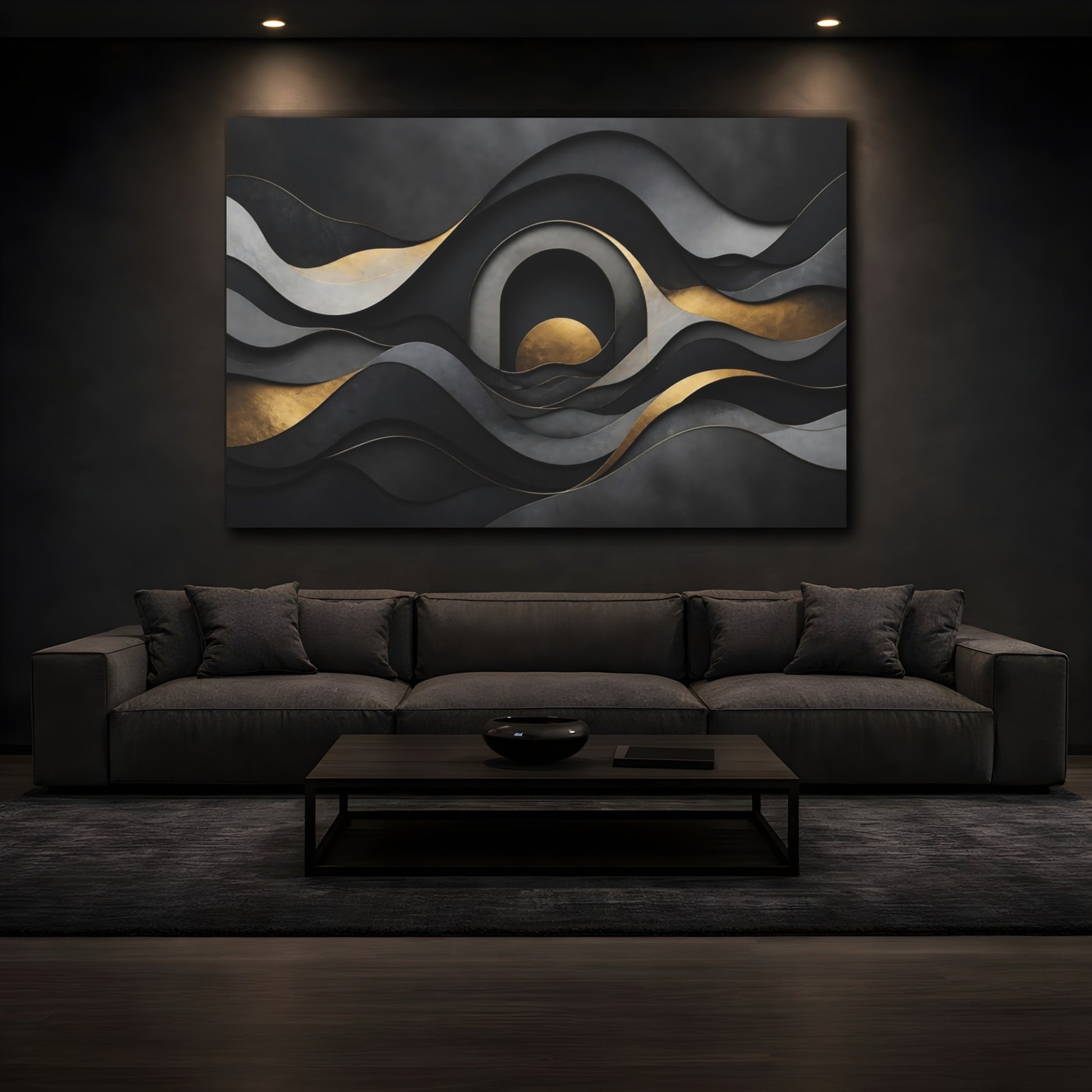 Mockup 3. Layered Gold Waves shown as canvas print
