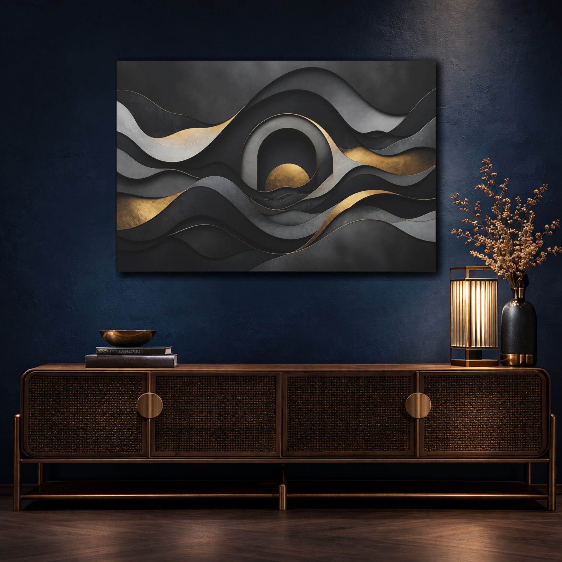 Mockup 4. Layered Gold Waves shown as canvas print