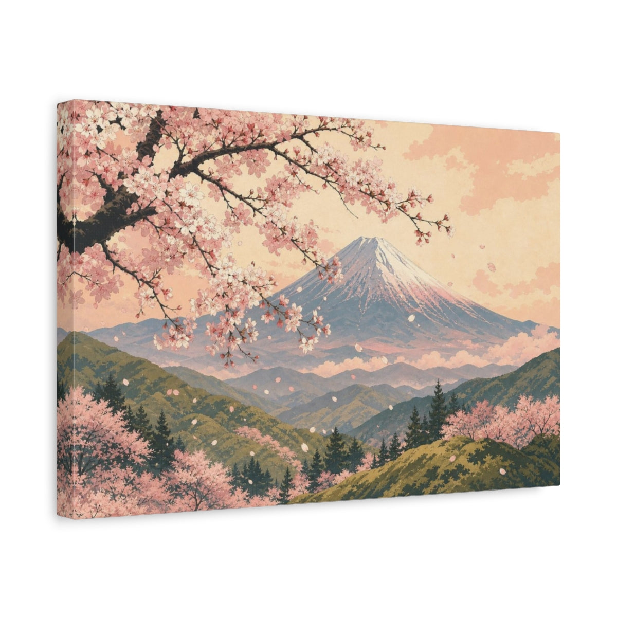 Side Mockup 4. Layered Gouache Posterism Sakura Branch Over Fuji Foothills, Blush, Moss And Warm Ivory shown as canvas print