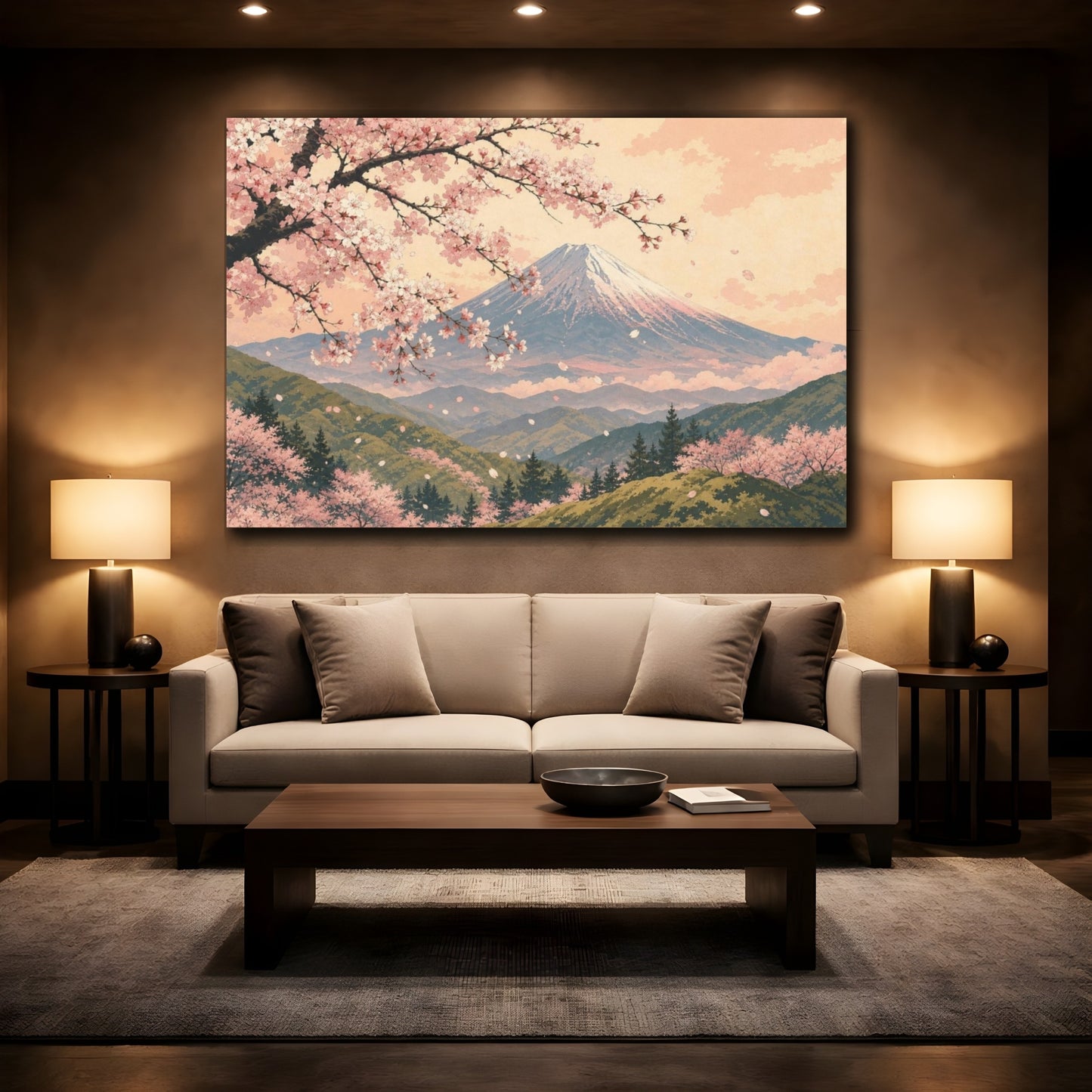 Mockup 2. Layered Gouache Posterism Sakura Branch Over Fuji Foothills, Blush, Moss And Warm Ivory shown as canvas print